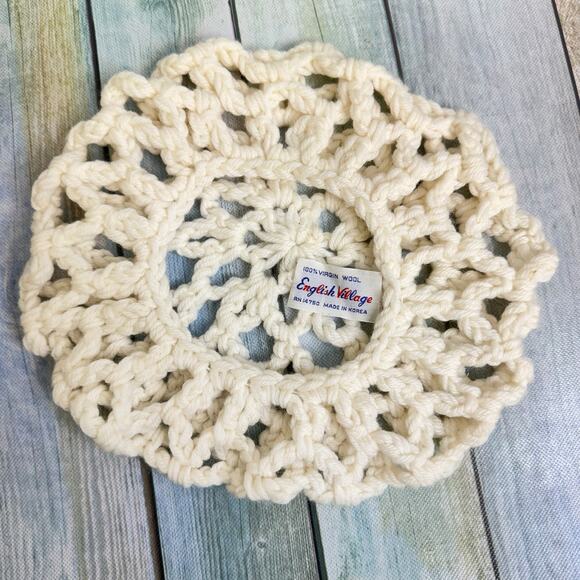 English Village Virgin Wool Knit Beret Ivory Hat 1970s Boho Cap Made in Korea - Picture 6 of 6